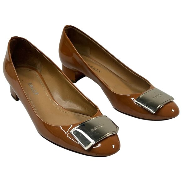 Bally Heline Patent Calf Leather Low Heels w/ metal Logo Plaque Brown 36 US 5.5 - Picture 1 of 16